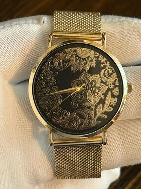 Gold Tone Floral Lace Dial Mesh Bracelet Watch - Women